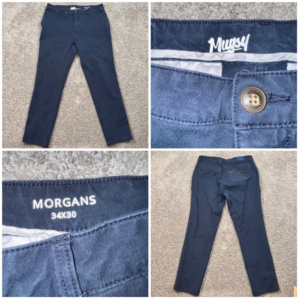 Mugsy Jeans The Morgans Chino Mens Stretch Slim Tapered Navy 34x30 EXCELLENT